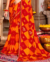 Vishal Prints Chili Red And Carrot Orange Printed Chiffon Traditional Print Saree With Foil Print And Fancy Border