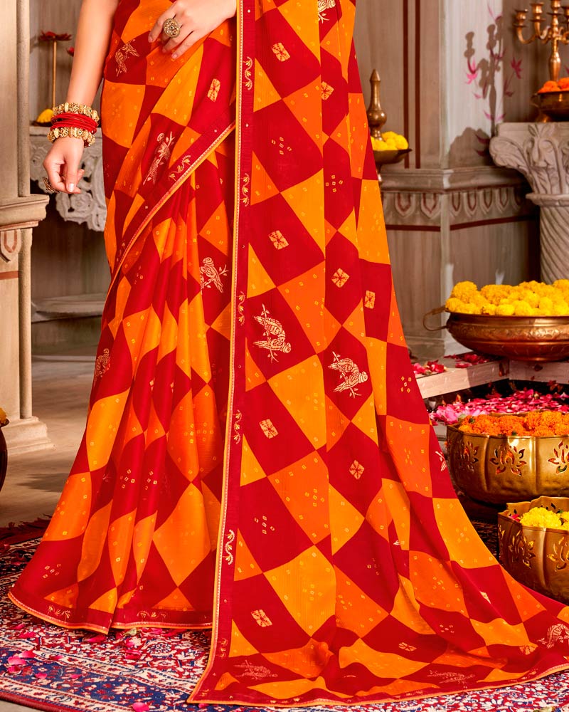 Vishal Prints Chili Red And Carrot Orange Printed Chiffon Traditional Print Saree With Foil Print And Fancy Border