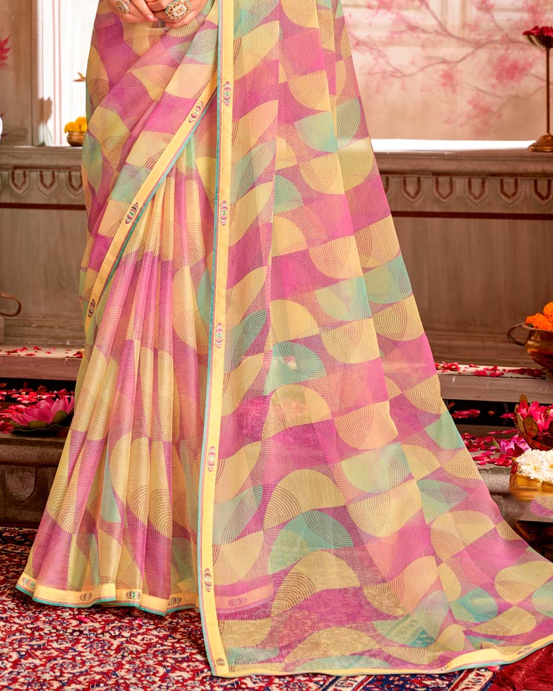 Vishal Prints Dusty Pink And Pastel Beige Printed Chiffon Saree With Fancy Border