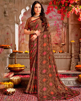 Vishal Prints Coffee Brown Printed Chiffon Traditional Print Saree With Fancy Border