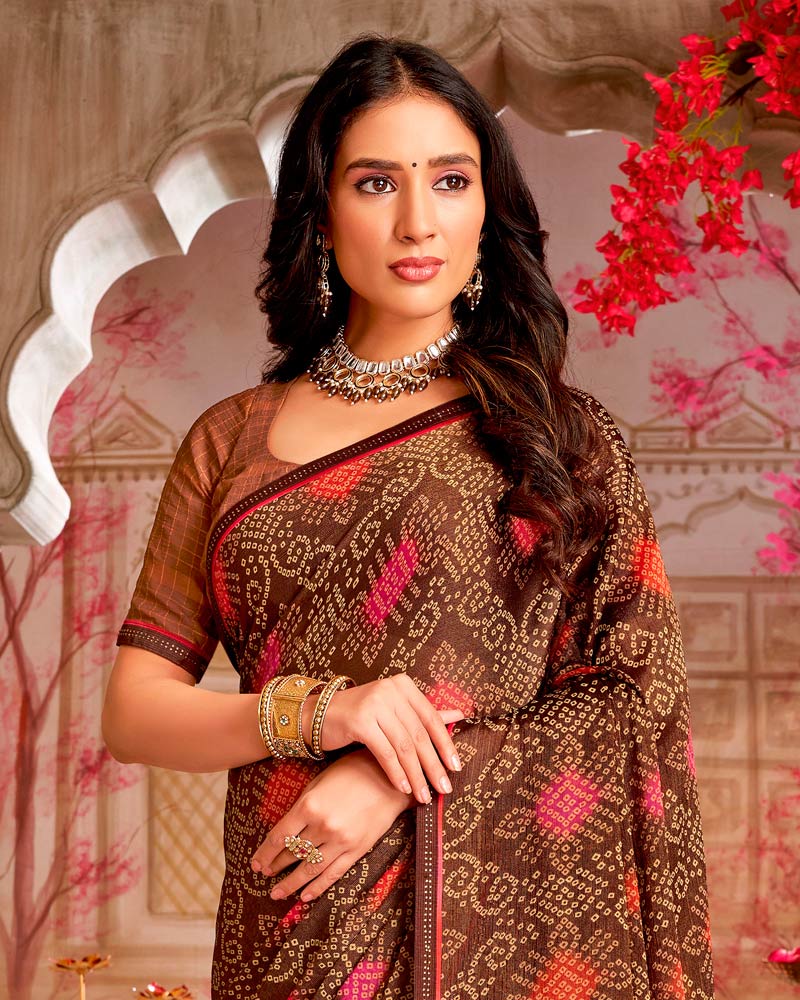 Vishal Prints Coffee Brown Printed Chiffon Traditional Print Saree With Fancy Border