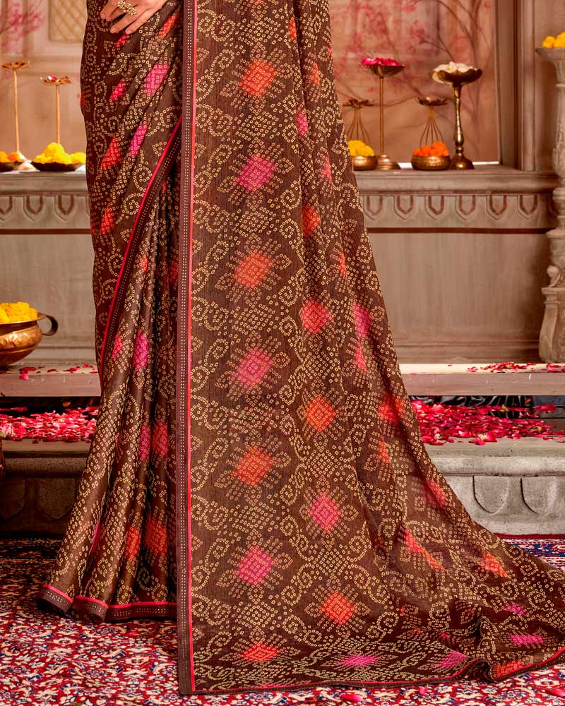 Vishal Prints Coffee Brown Printed Chiffon Traditional Print Saree With Fancy Border