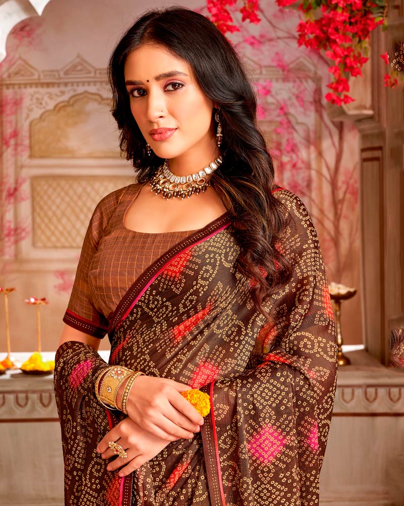 Vishal Prints Coffee Brown Printed Chiffon Traditional Print Saree With Fancy Border