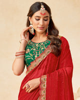 Vishal Prints Dark Red Designer Fancy Chiffon Saree With Diamond Work And Embroidery Cut Work Border