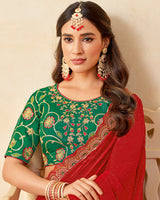 Vishal Prints Dark Red Designer Fancy Chiffon Saree With Diamond Work And Embroidery Cut Work Border