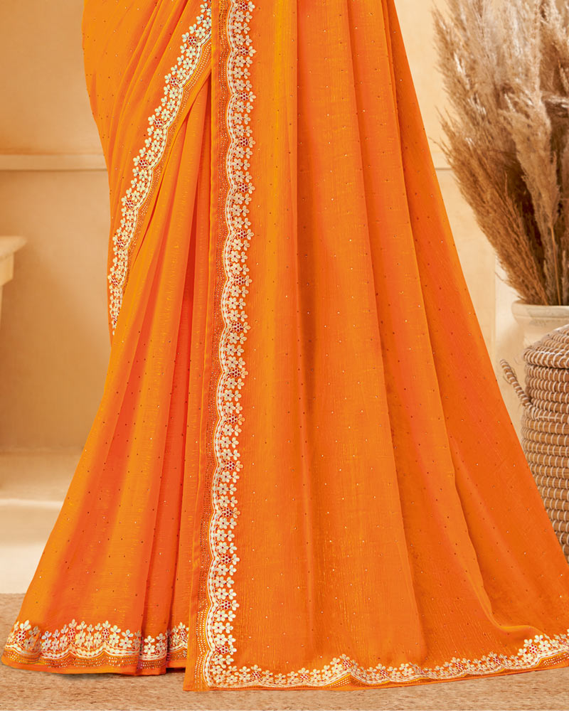 Vishal Prints Saffron Color Designer Fancy Chiffon Saree With Diamond Work And Embroidery Cut Work Border