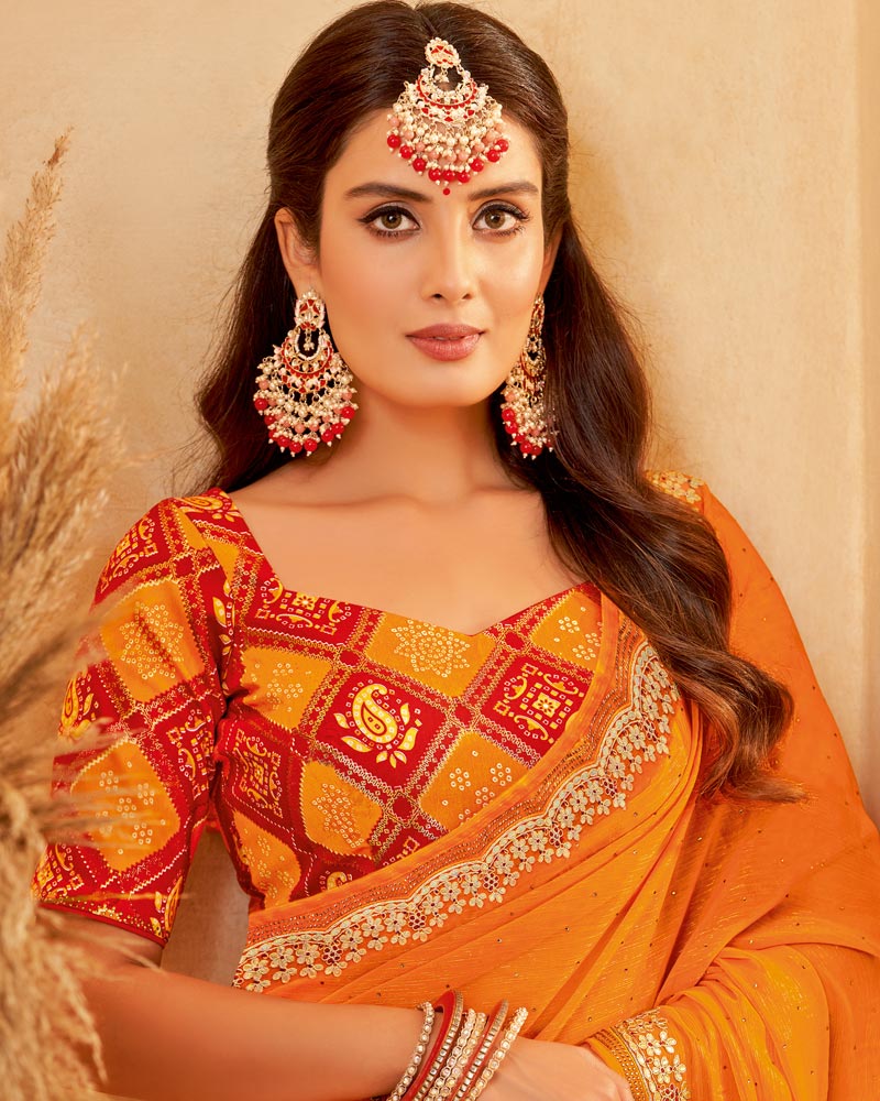 Vishal Prints Saffron Color Designer Fancy Chiffon Saree With Diamond Work And Embroidery Cut Work Border