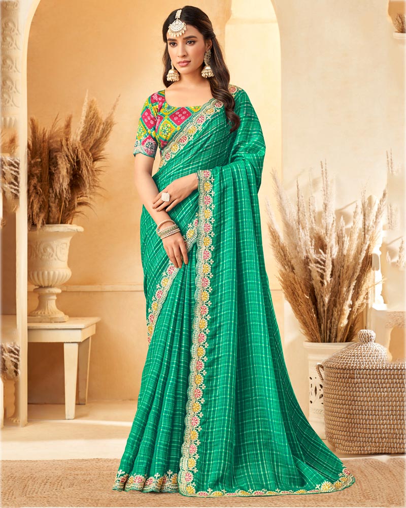 Vishal Prints Deep Sea Green Designer Fancy Chiffon Saree With Diamond Work And Embroidery Cut Work Border