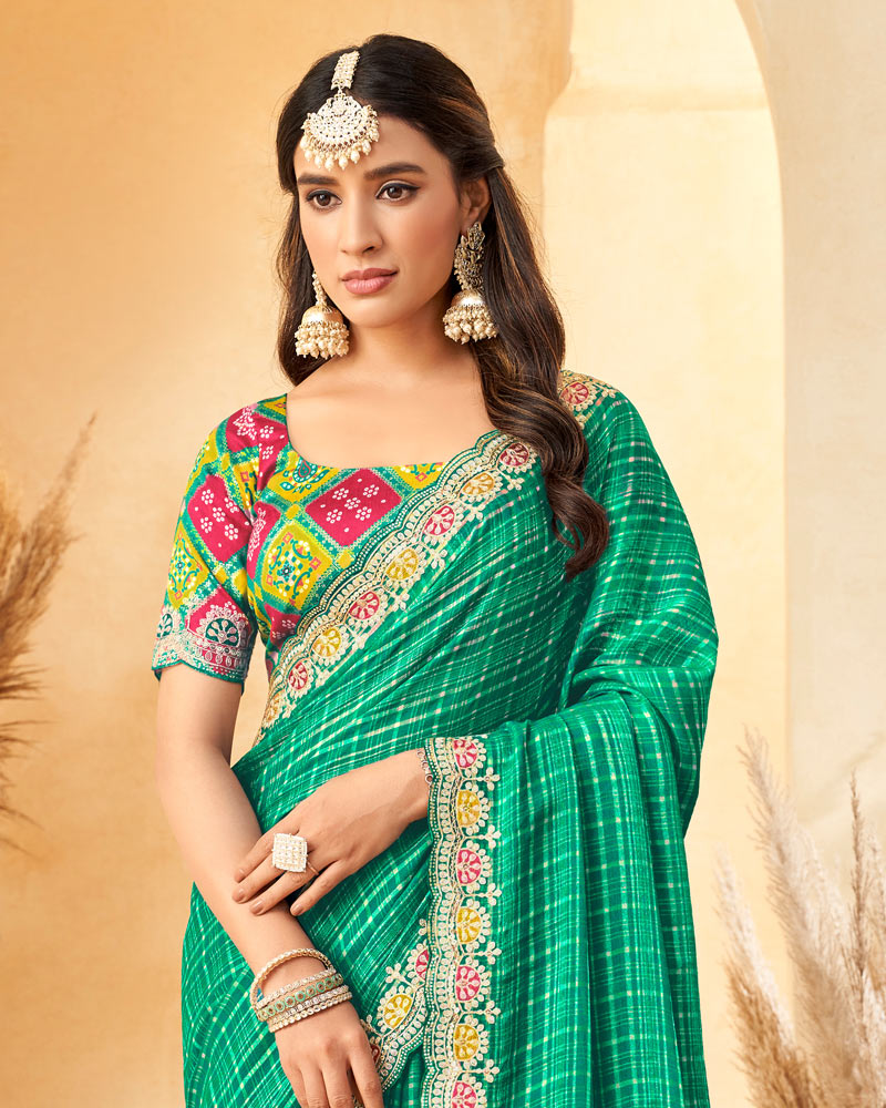 Vishal Prints Deep Sea Green Designer Fancy Chiffon Saree With Diamond Work And Embroidery Cut Work Border