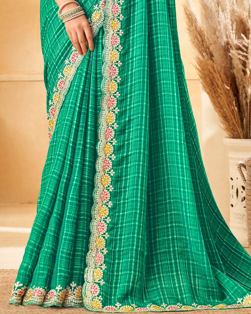 Vishal Prints Deep Sea Green Designer Fancy Chiffon Saree With Diamond Work And Embroidery Cut Work Border