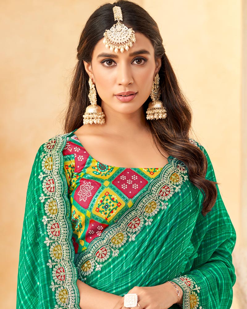 Vishal Prints Deep Sea Green Designer Fancy Chiffon Saree With Diamond Work And Embroidery Cut Work Border