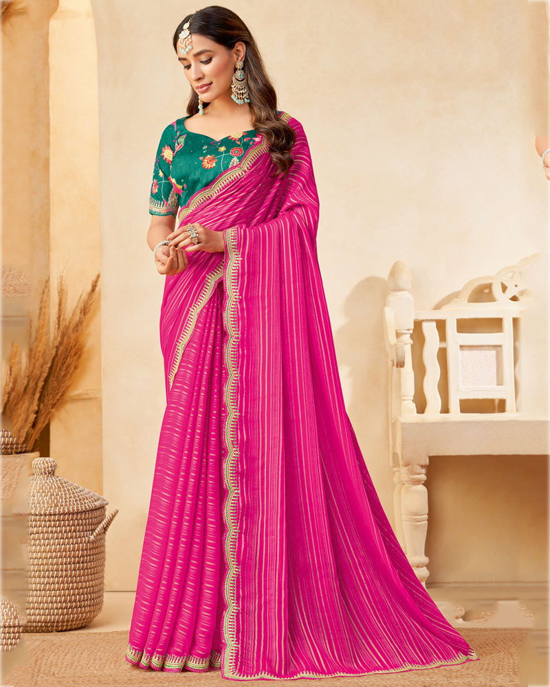 Vishal Prints Rani Designer Fancy Chiffon Saree With Diamond Work And Embroidery Cut Work Border