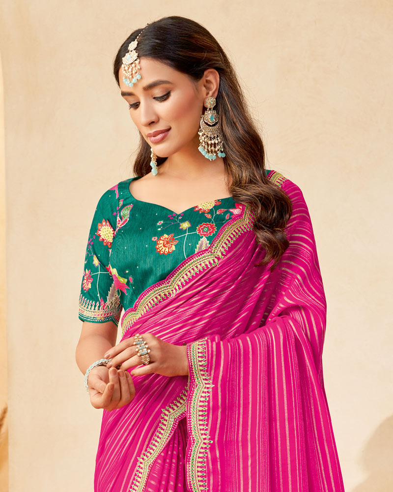 Vishal Prints Rani Designer Fancy Chiffon Saree With Diamond Work And Embroidery Cut Work Border