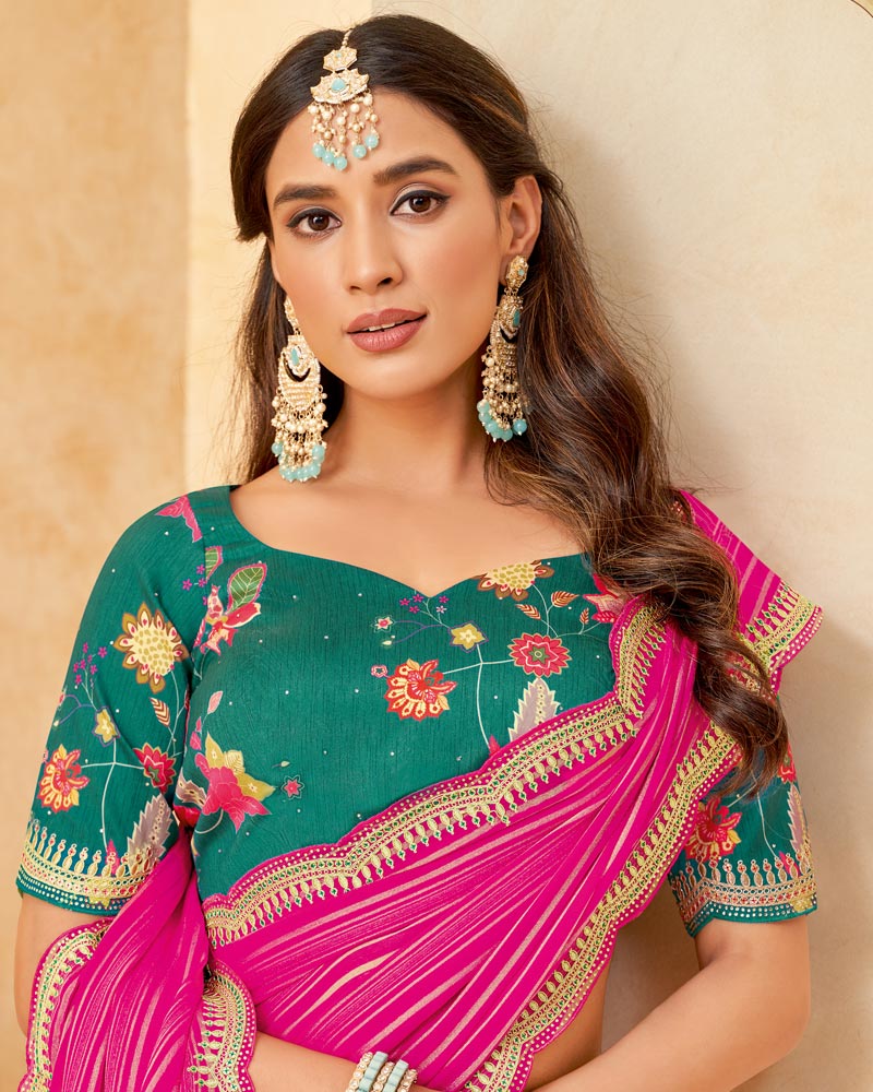 Vishal Prints Rani Designer Fancy Chiffon Saree With Diamond Work And Embroidery Cut Work Border