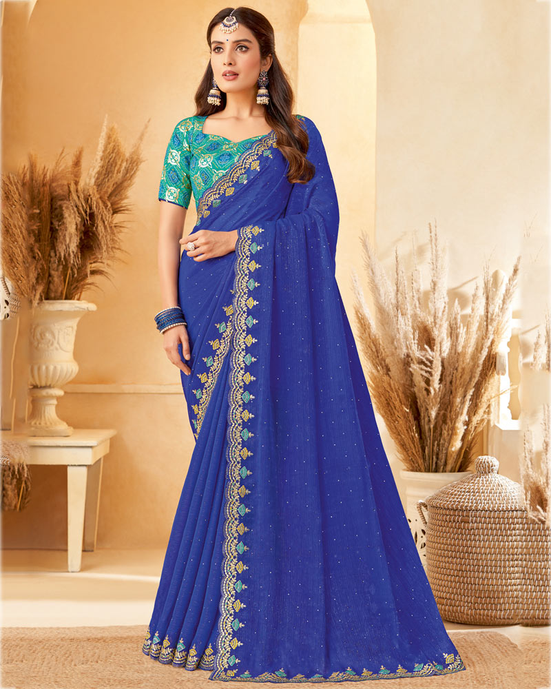 Vishal Prints Royal Blue Designer Fancy Chiffon Saree With Diamond Work And Embroidery Cut Work Border
