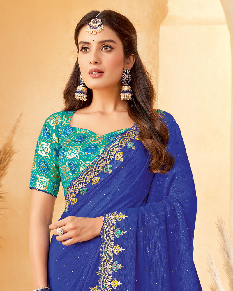 Vishal Prints Royal Blue Designer Fancy Chiffon Saree With Diamond Work And Embroidery Cut Work Border