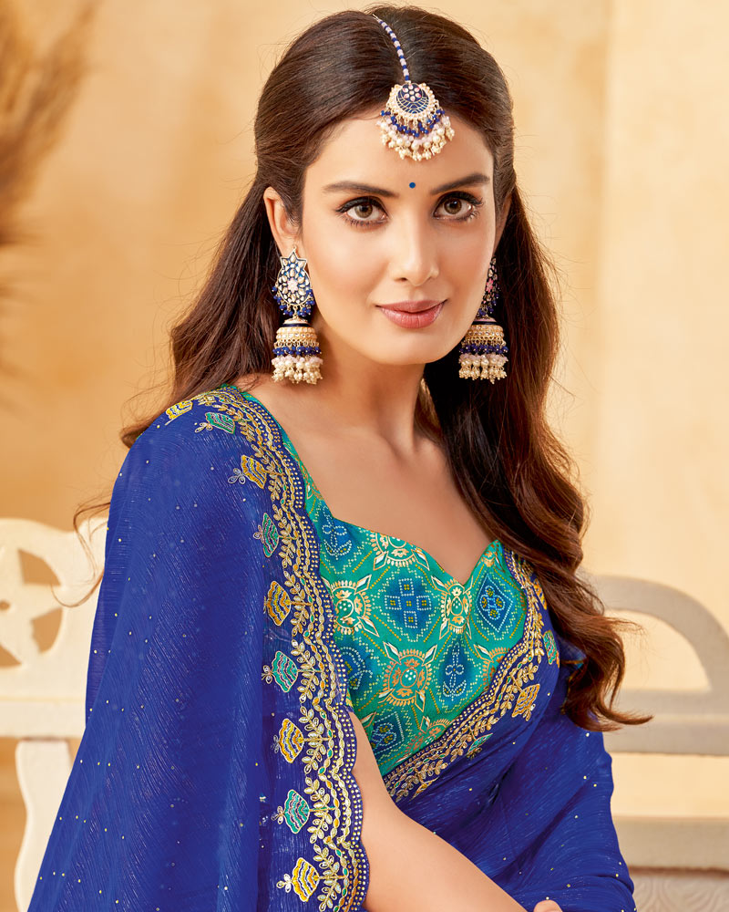 Vishal Prints Royal Blue Designer Fancy Chiffon Saree With Diamond Work And Embroidery Cut Work Border