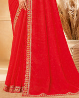Vishal Prints Red Designer Fancy Chiffon Saree With Diamond Work And Embroidery Cut Work Border