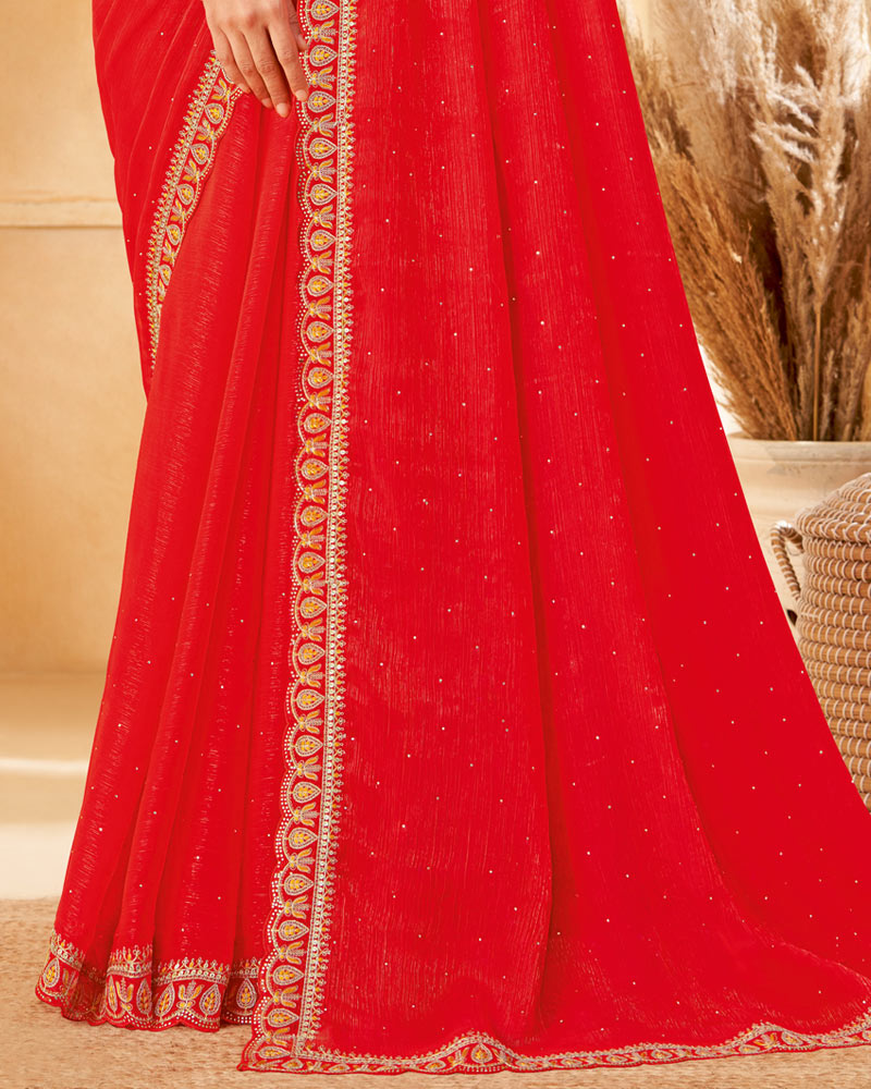 Vishal Prints Red Designer Fancy Chiffon Saree With Diamond Work And Embroidery Cut Work Border