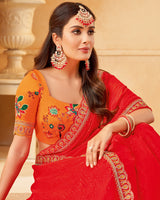Vishal Prints Red Designer Fancy Chiffon Saree With Diamond Work And Embroidery Cut Work Border