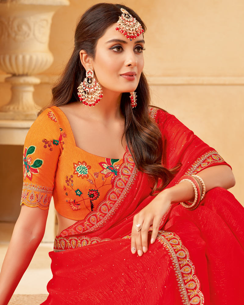 Vishal Prints Red Designer Fancy Chiffon Saree With Diamond Work And Embroidery Cut Work Border