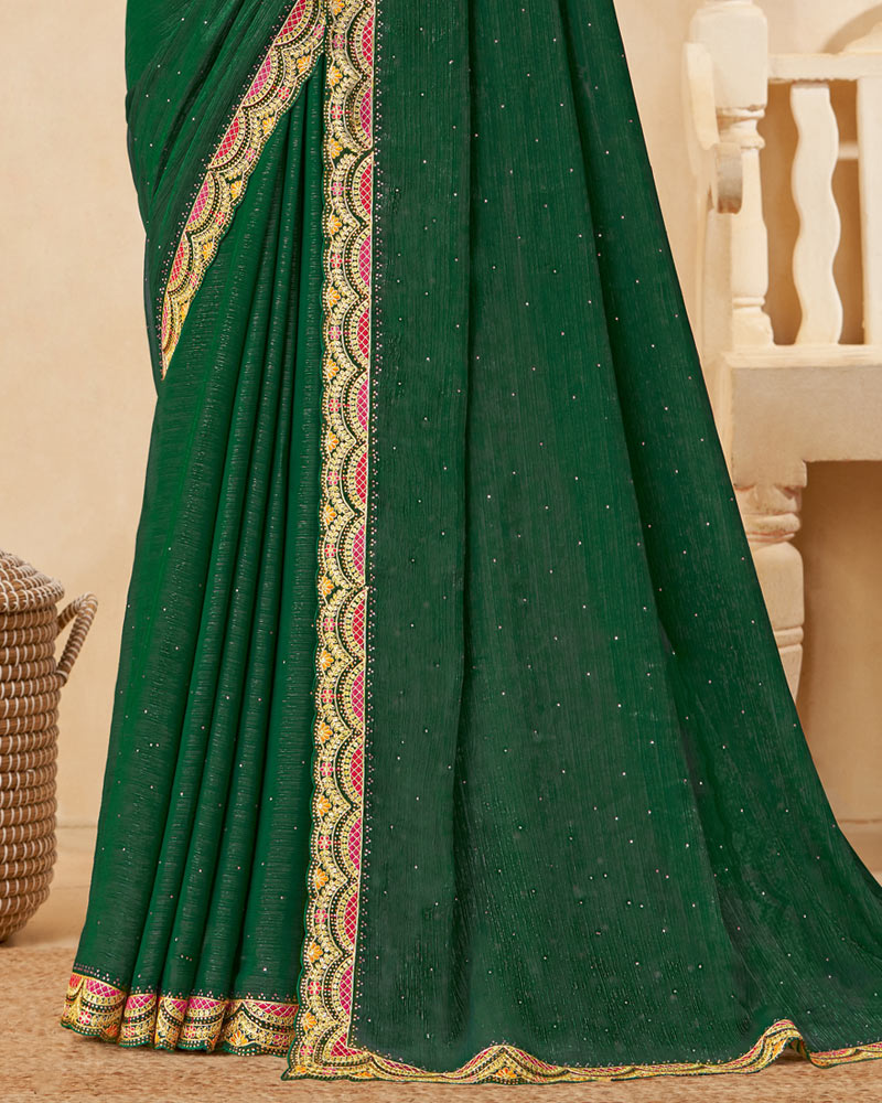 Vishal Prints Bottle Green Designer Fancy Chiffon Saree With Diamond Work And Embroidery Cut Work Border