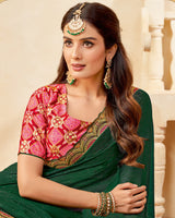 Vishal Prints Bottle Green Designer Fancy Chiffon Saree With Diamond Work And Embroidery Cut Work Border