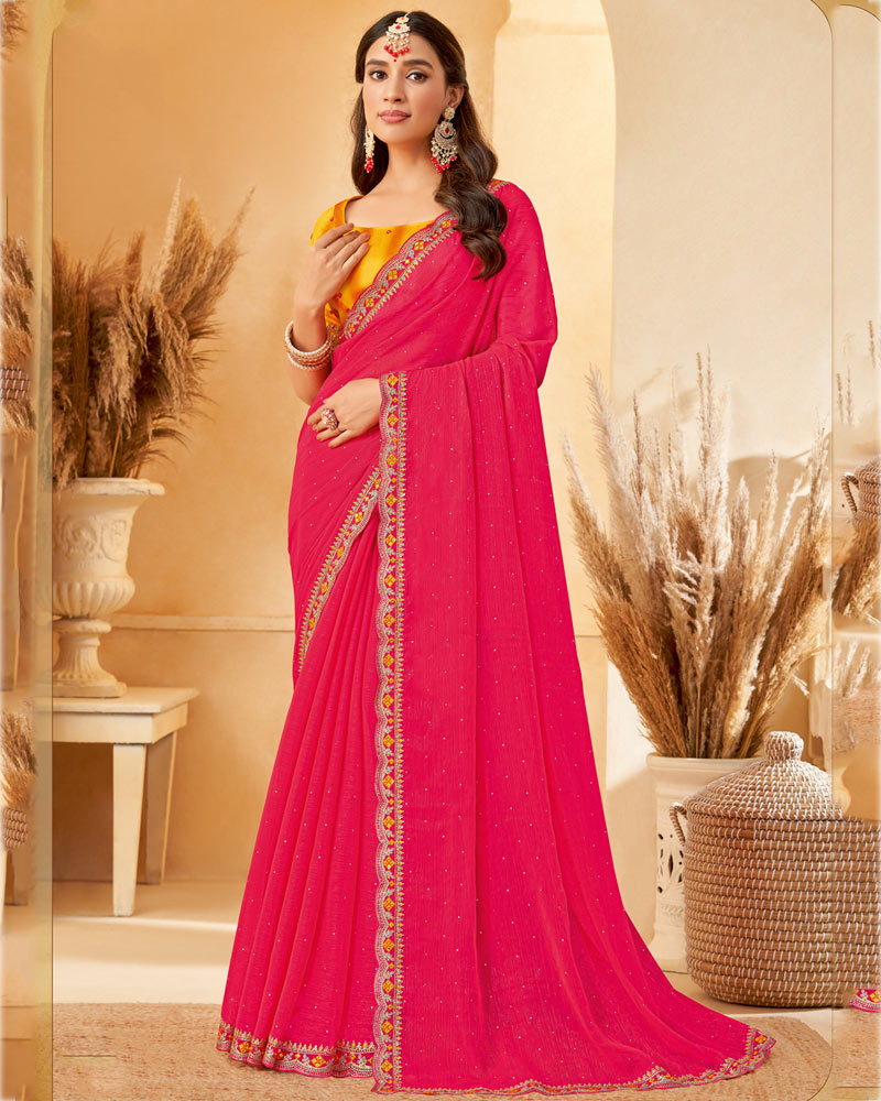 Vishal Prints Red Pink Designer Fancy Chiffon Saree With Diamond Work And Embroidery Cut Work Border