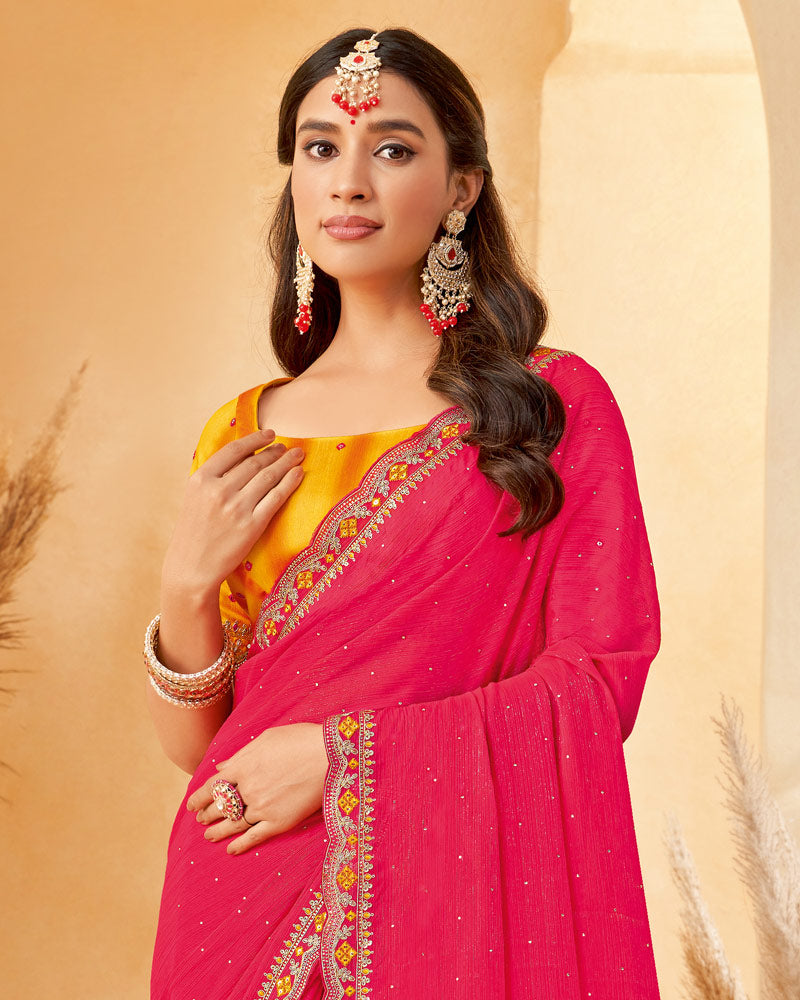 Vishal Prints Red Pink Designer Fancy Chiffon Saree With Diamond Work And Embroidery Cut Work Border