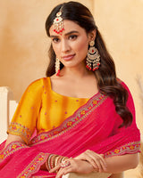 Vishal Prints Red Pink Designer Fancy Chiffon Saree With Diamond Work And Embroidery Cut Work Border