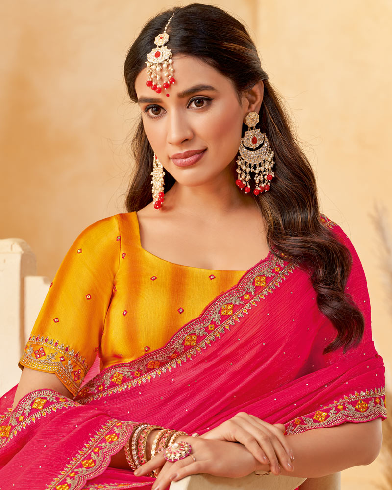 Vishal Prints Red Pink Designer Fancy Chiffon Saree With Diamond Work And Embroidery Cut Work Border