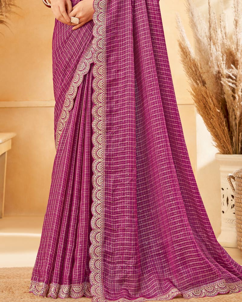 Vishal Prints Disco Pink Designer Fancy Chiffon Saree With Diamond Work And Embroidery Cut Work Border