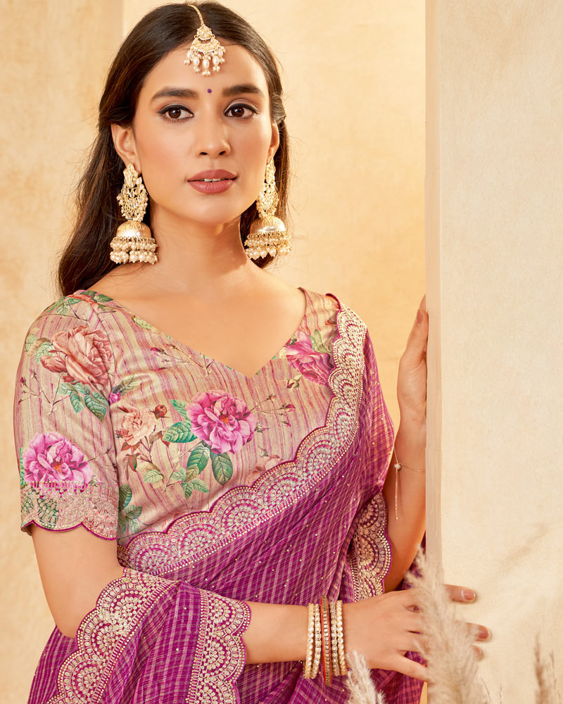 Vishal Prints Disco Pink Designer Fancy Chiffon Saree With Diamond Work And Embroidery Cut Work Border