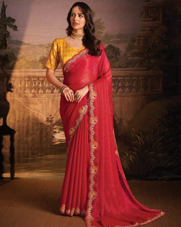 Vishal Prints Cardinal Red Designer Zari-Chiffon Saree With Diamond Work And Cut Work Embroidery Border