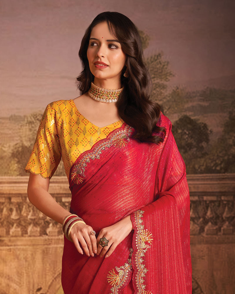Vishal Prints Cardinal Red Designer Zari-Chiffon Saree With Diamond Work And Cut Work Embroidery Border