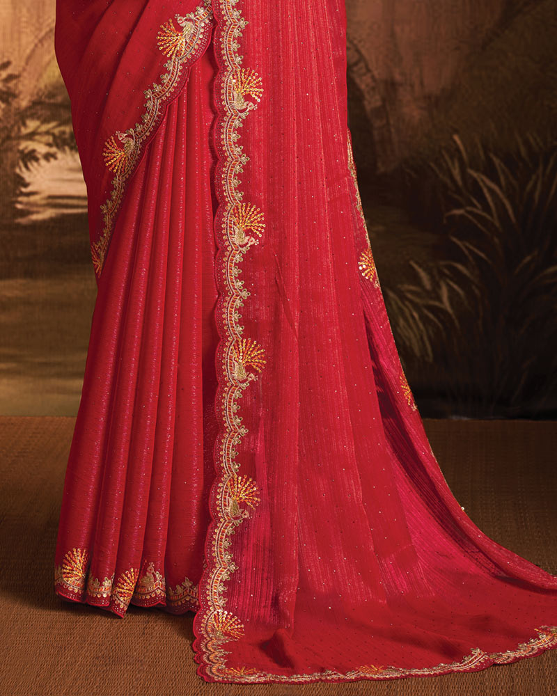 Vishal Prints Cardinal Red Designer Zari-Chiffon Saree With Diamond Work And Cut Work Embroidery Border