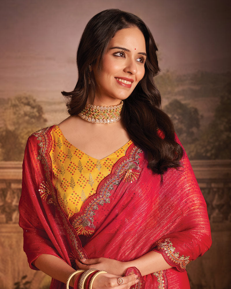Vishal Prints Cardinal Red Designer Zari-Chiffon Saree With Diamond Work And Cut Work Embroidery Border