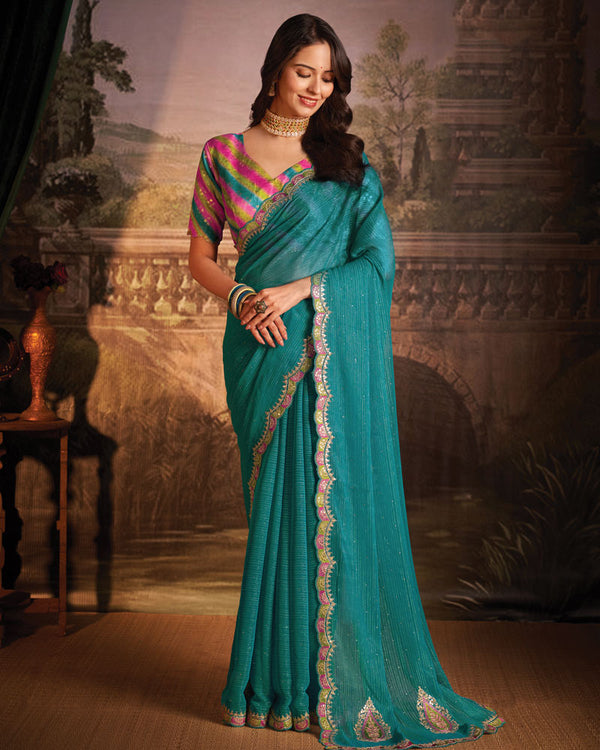 Vishal Prints Deep Aqua Blue Designer Zari-Chiffon Saree With Diamond Work And Cut Work Embroidery Border
