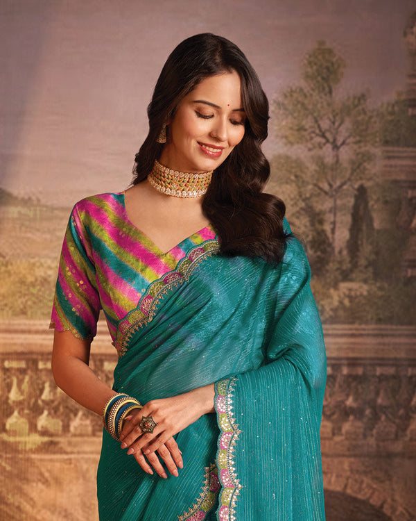 Vishal Prints Deep Aqua Blue Designer Zari-Chiffon Saree With Diamond Work And Cut Work Embroidery Border