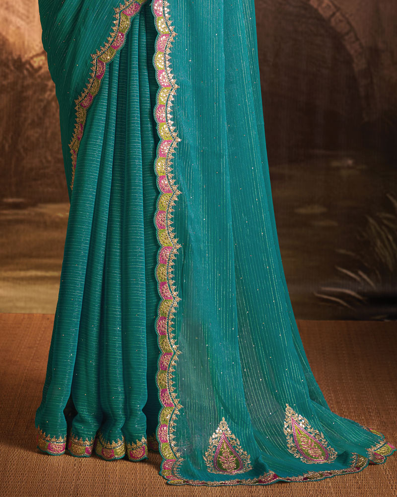 Vishal Prints Deep Aqua Blue Designer Zari-Chiffon Saree With Diamond Work And Cut Work Embroidery Border