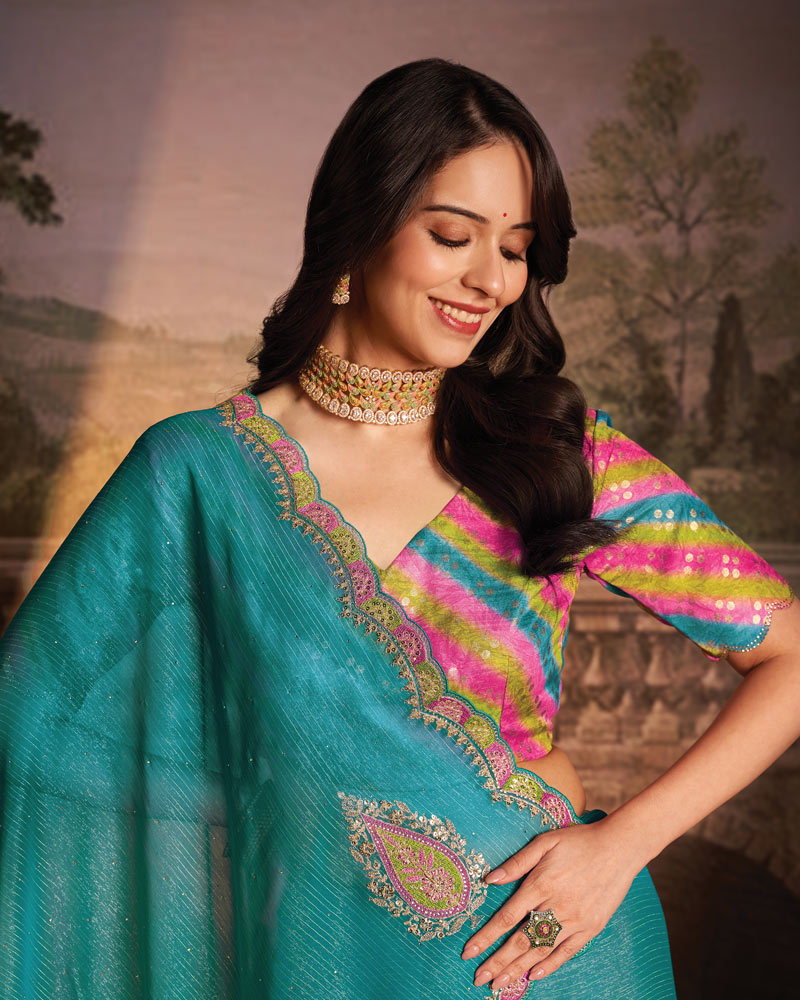 Vishal Prints Deep Aqua Blue Designer Zari-Chiffon Saree With Diamond Work And Cut Work Embroidery Border