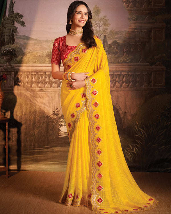Vishal Prints Chrome Yellow Designer Patterned Chiffon Saree With Embroidery-Patch Work And Cut Work Border