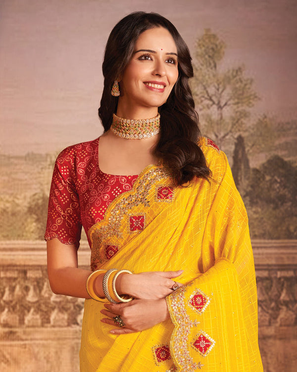 Vishal Prints Chrome Yellow Designer Patterned Chiffon Saree With Embroidery-Patch Work And Cut Work Border