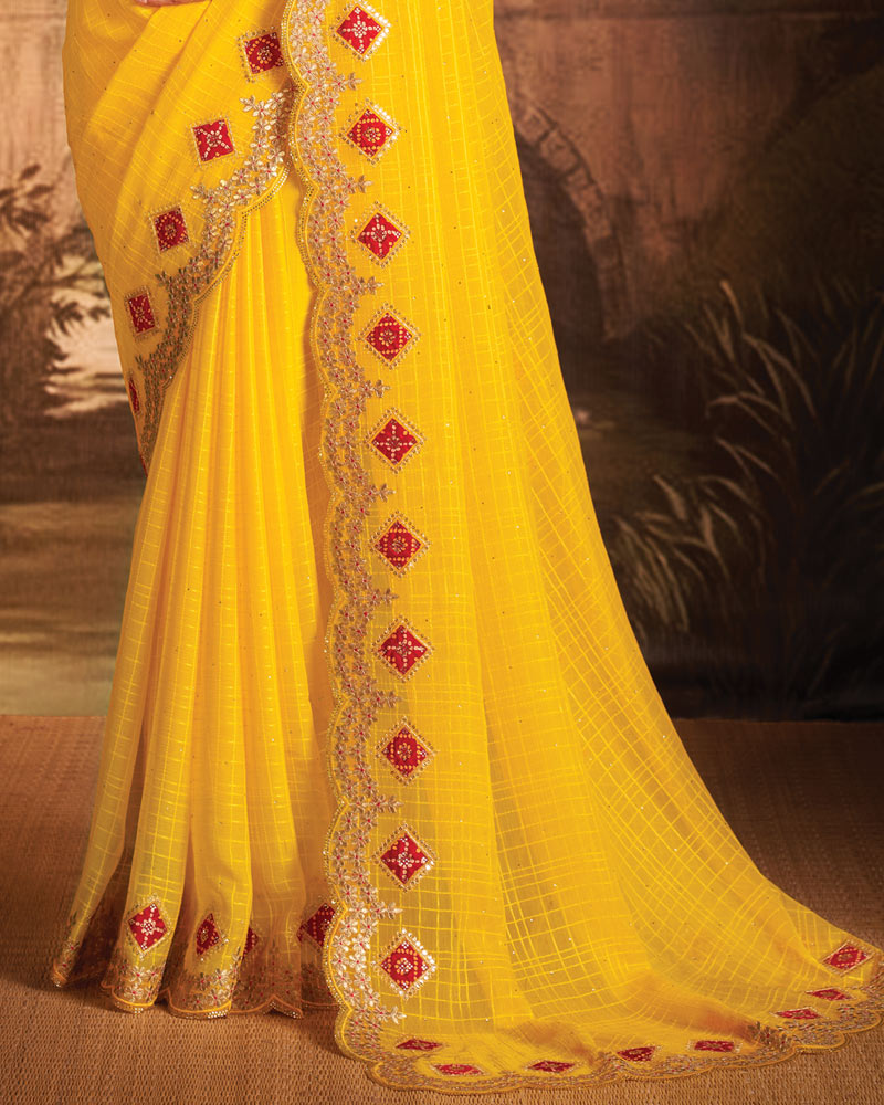 Vishal Prints Chrome Yellow Designer Patterned Chiffon Saree With Embroidery-Patch Work And Cut Work Border