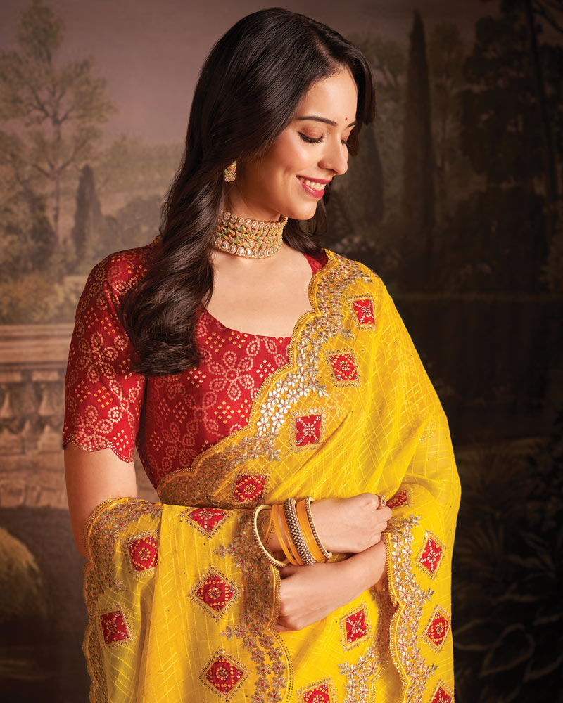 Vishal Prints Chrome Yellow Designer Patterned Chiffon Saree With Embroidery-Patch Work And Cut Work Border