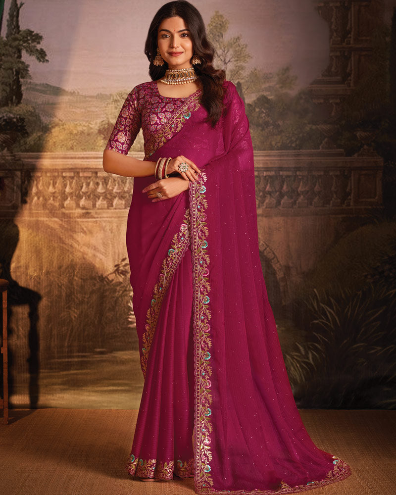 Vishal Prints Dark Wine Designer Zari-Chiffon Saree With Diamond Work And Cut Work Embroidery Border