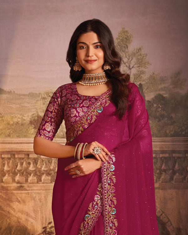Vishal Prints Dark Wine Designer Zari-Chiffon Saree With Diamond Work And Cut Work Embroidery Border