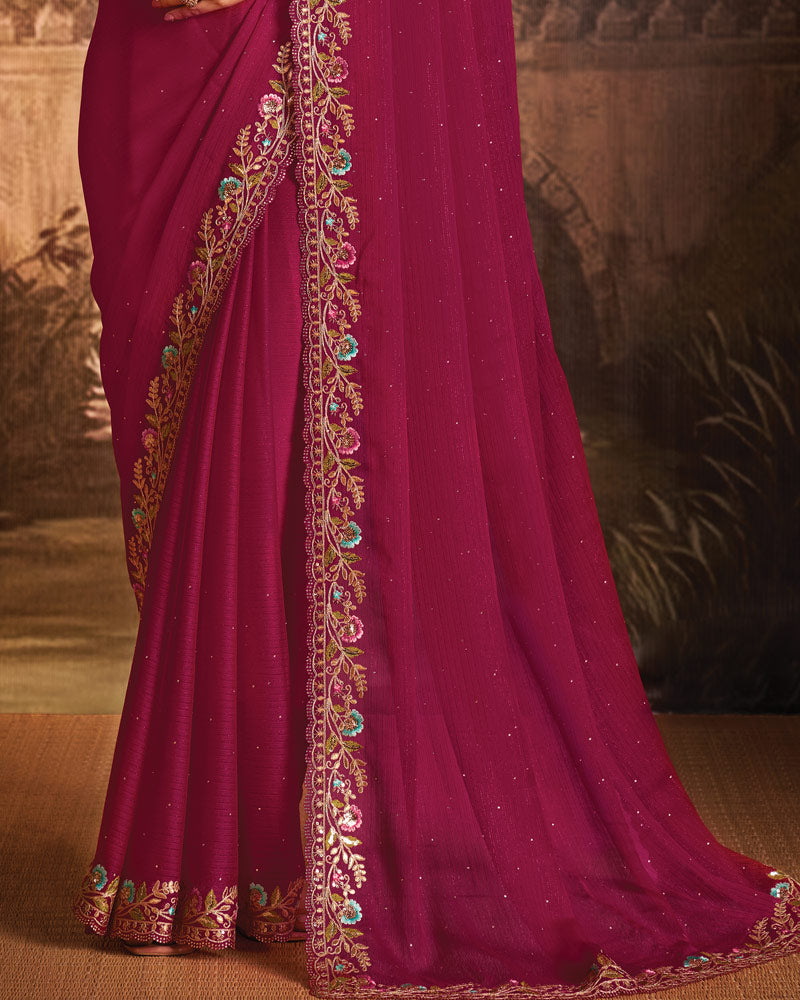 Vishal Prints Dark Wine Designer Zari-Chiffon Saree With Diamond Work And Cut Work Embroidery Border