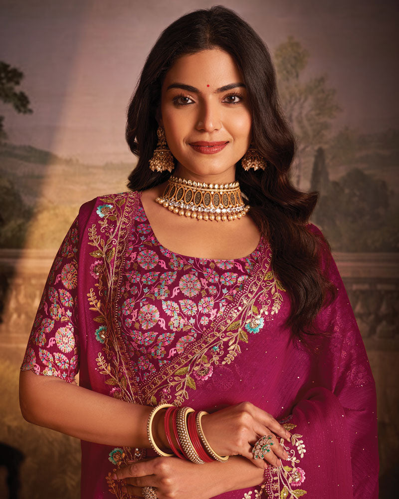 Vishal Prints Dark Wine Designer Zari-Chiffon Saree With Diamond Work And Cut Work Embroidery Border