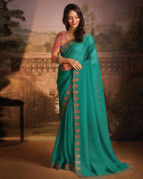 Vishal Prints Deep Sea Green Designer Zari-Chiffon Saree With Diamond Work And Cut Work Embroidery Border